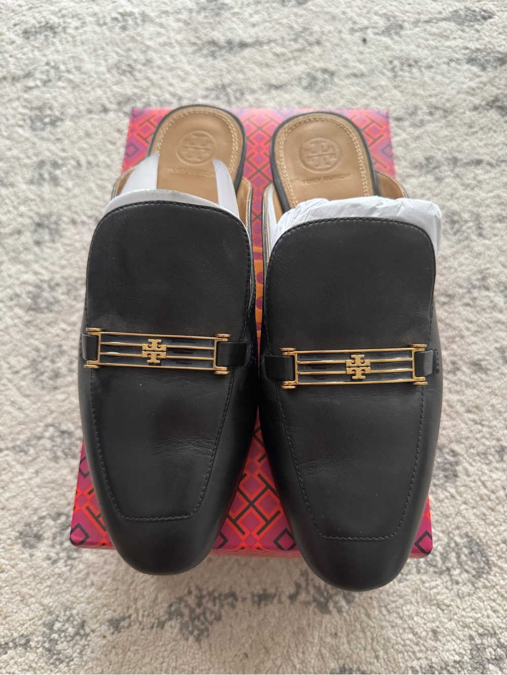 Tory Burch Black Amelia backless calf Leather slip on Loafers size 8